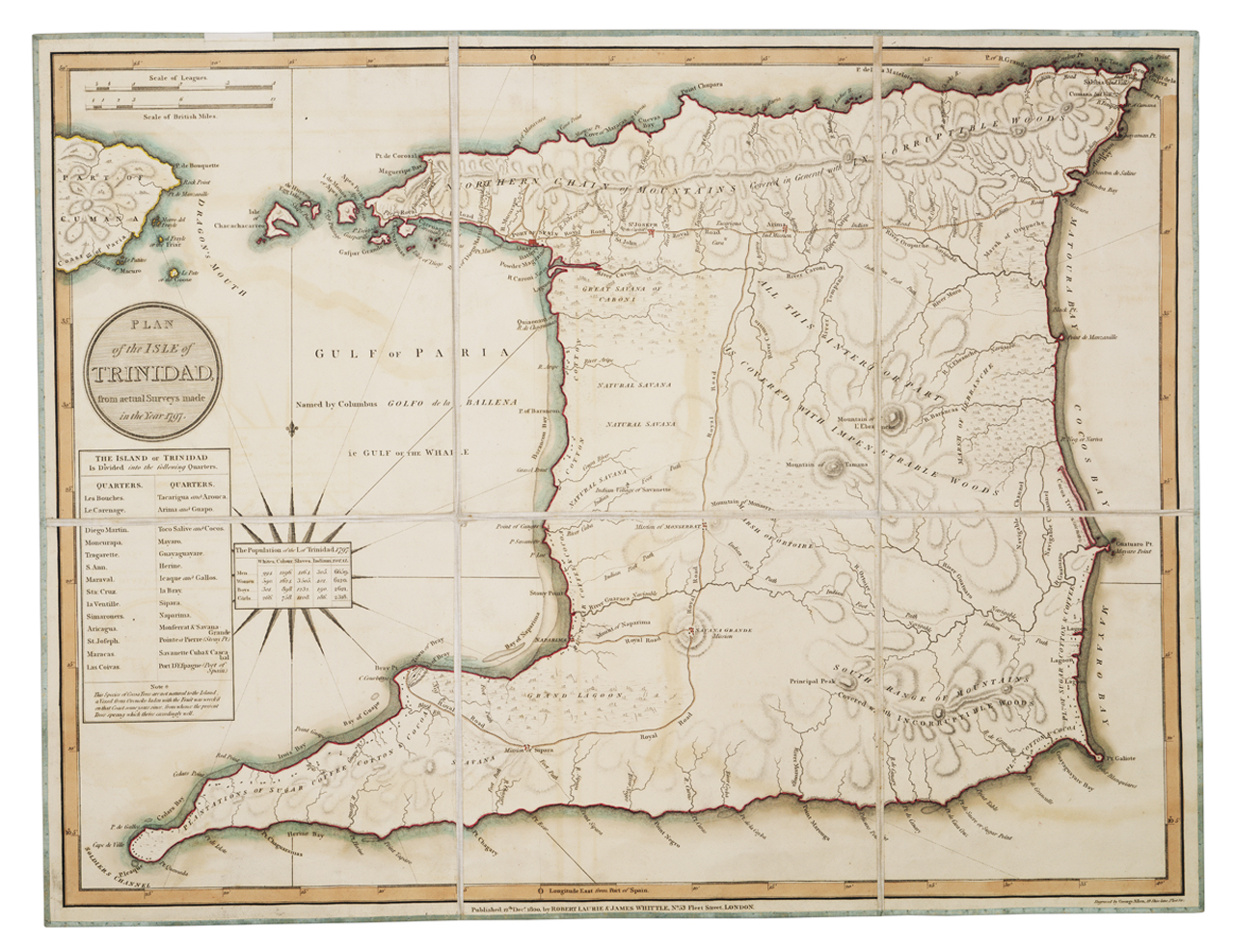 A 1797 survey map of Trinidad, made around the time the island passed from Spain to Britain. Under British rule it would be developed with sugar and cocoa plantations worked by enslaved and, later, indentured labour.