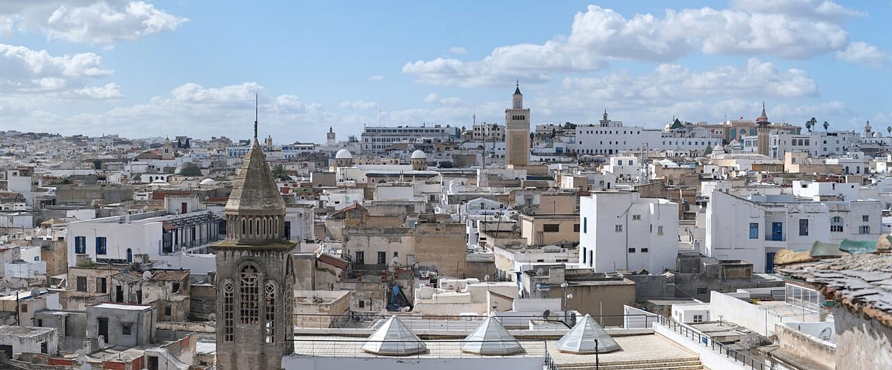 The medina of Tunis, founded in the seventh century and still a working quarter of souks, mosques, and palaces. Greater Tunis holds a large share of the country's 12 million people, most of whom live in the fertile north and along the coast.
