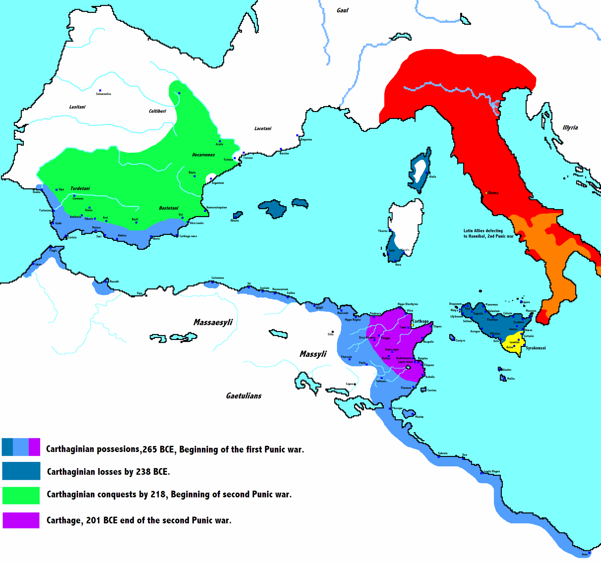 The Carthaginian empire at its height. From its capital on the Gulf of Tunis, Carthage dominated the western Mediterranean with colonies and trading posts from Sicily to the Atlantic coast of Iberia, until three wars with Rome ended in the city's destruction in 146 BC.