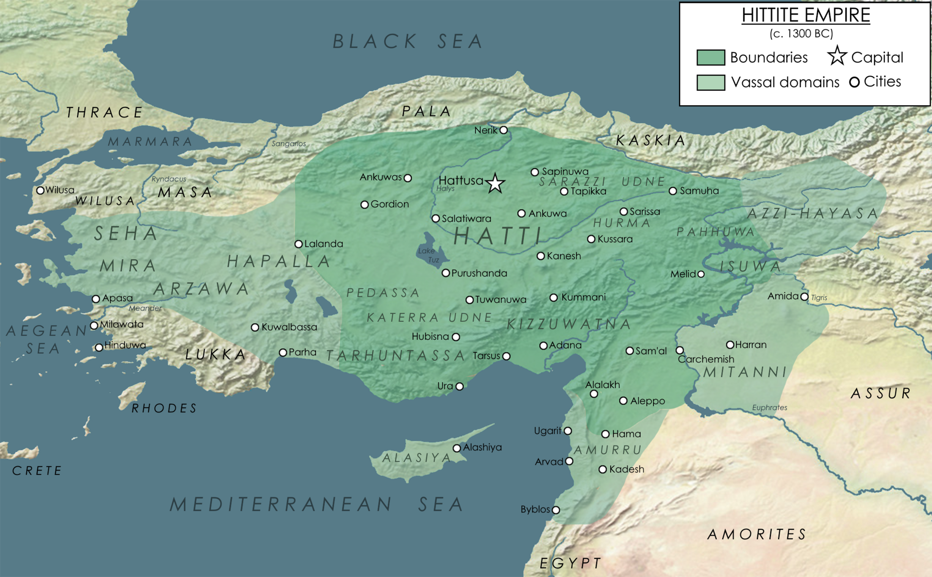 The Hittite Empire at its height in the 14th century BC, a Bronze Age power centred on Anatolia that rivalled ancient Egypt.