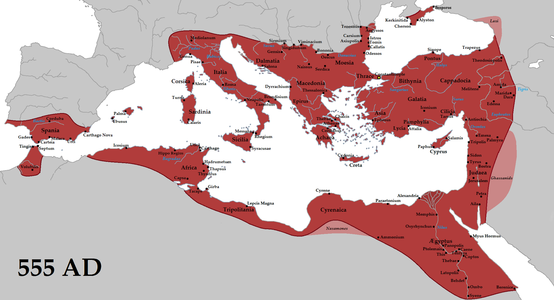 The Byzantine Empire in 555 AD under Justinian. Centred on Constantinople, the Christian Eastern Roman Empire ruled Anatolia for more than a thousand years.
