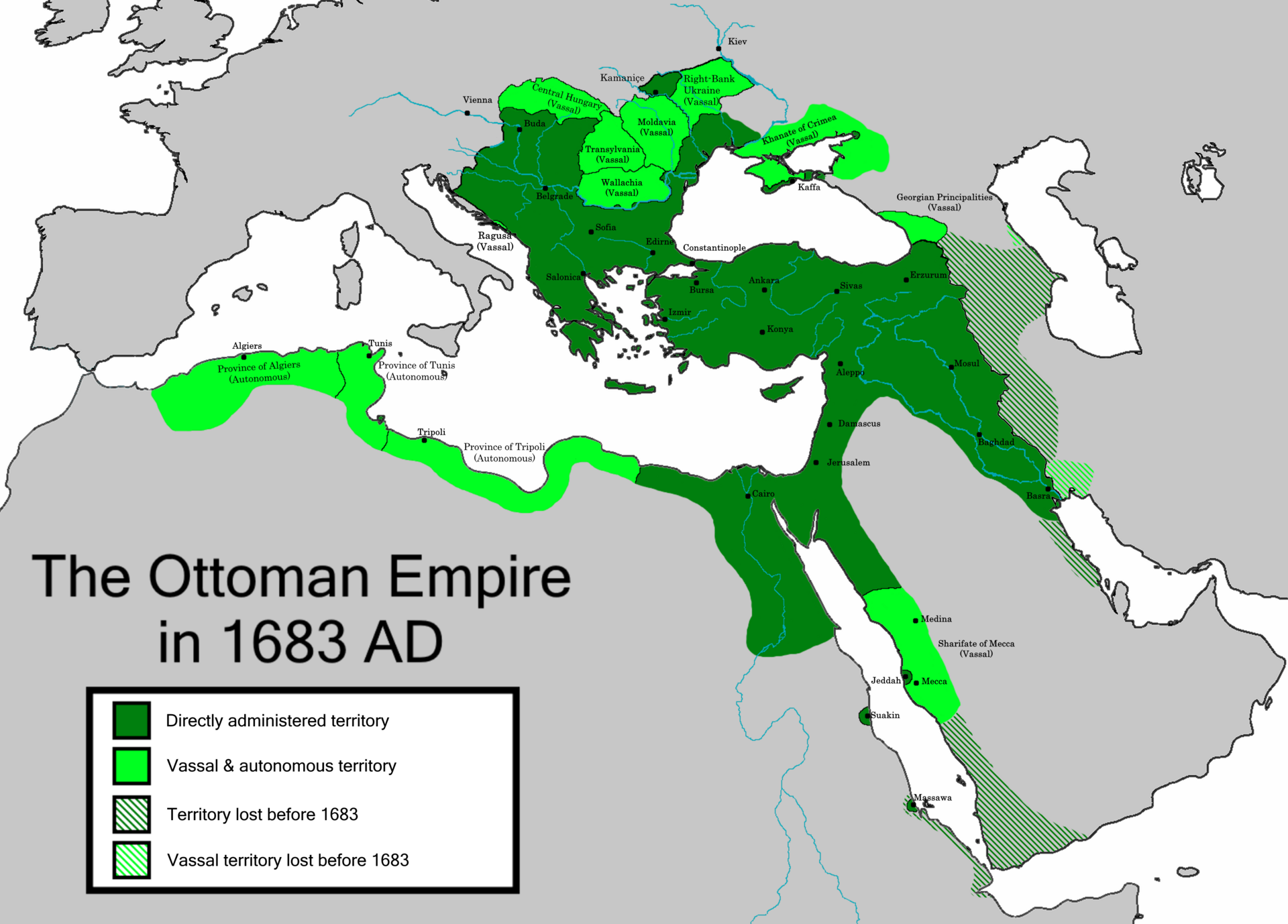 The Ottoman Empire at its greatest European extent in 1683, when it spanned three continents. Credit: Chamboz (CC BY-SA 4.0).