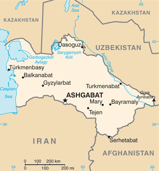 A map of Turkmenistan, most of it filled by the vast Karakum Desert. Almost all life clusters at the desert's edges, along the mountains of the south and the canals and rivers that bring precious water.
