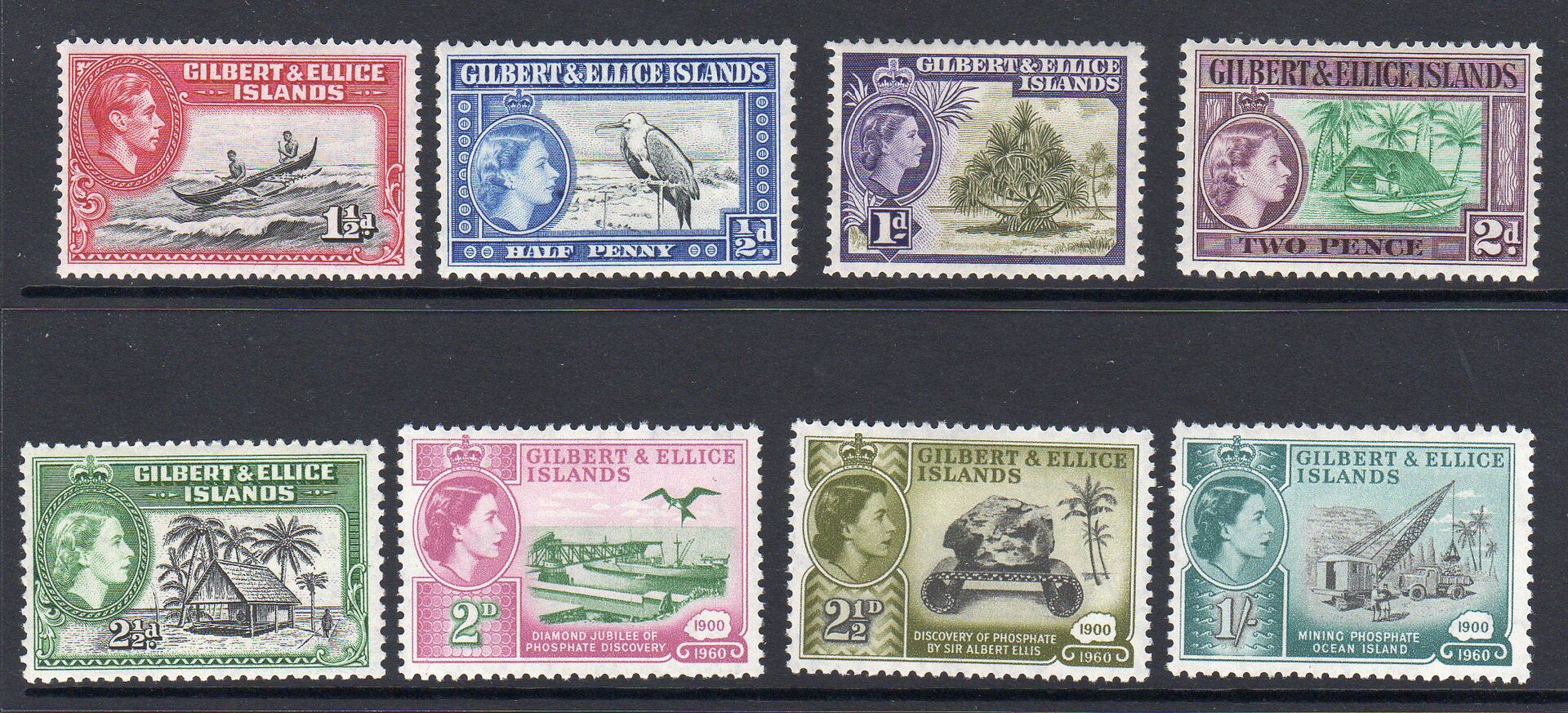 Postage stamps of the Gilbert and Ellice Islands colony. For decades the Polynesian Ellice Islands were governed together with the Micronesian Gilbert Islands, a union that the two peoples would eventually choose to end.