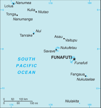 A map of Tuvalu and its nine atolls, strung across a vast expanse of the central Pacific. The whole country amounts to only about 26 square kilometres of land, almost none of it more than a few metres above the sea.