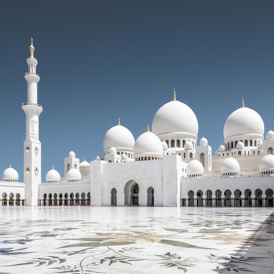 The Sheikh Zayed Grand Mosque in Abu Dhabi, completed in 2007 and one of the largest mosques in the world. Named after the founding president, its white domes and vast courtyard have made it a symbol of the modern nation.