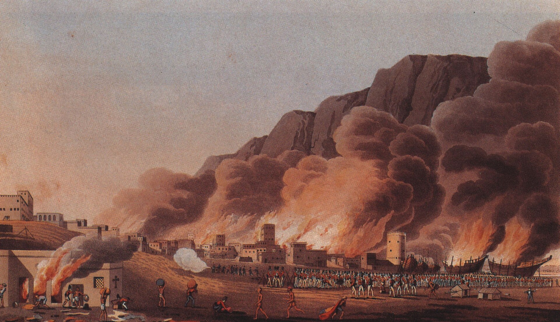 A painting of the British bombardment of Ras Al Khaimah in 1809, part of the campaigns against the powerful Qawasim on the coast. Such expeditions led the local rulers into the treaties that gave the region the name of the Trucial States.
