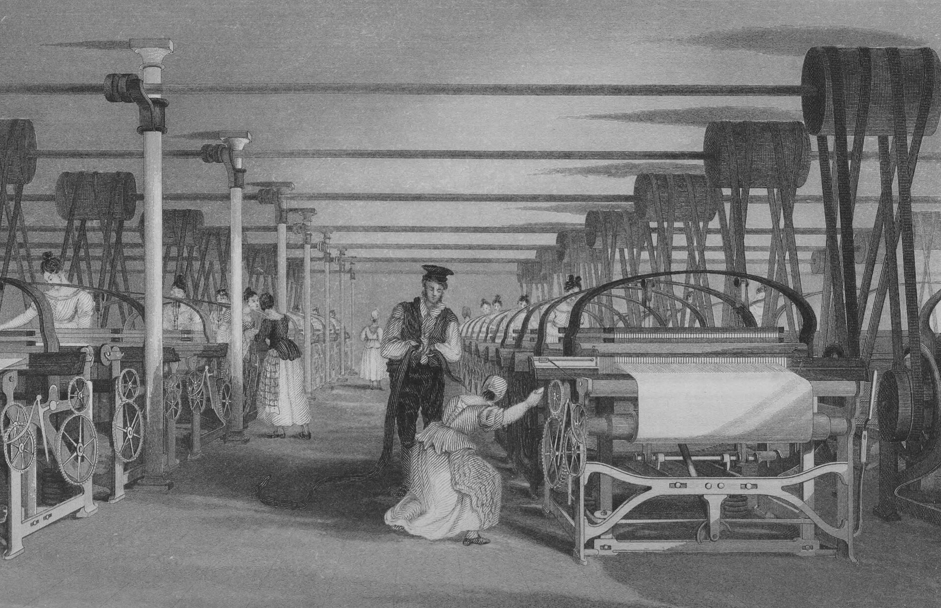 Power-loom weaving during the Industrial Revolution. Beginning in Britain in the eighteenth century, the shift to machines and factories remade the economy and, in time, the whole modern world.