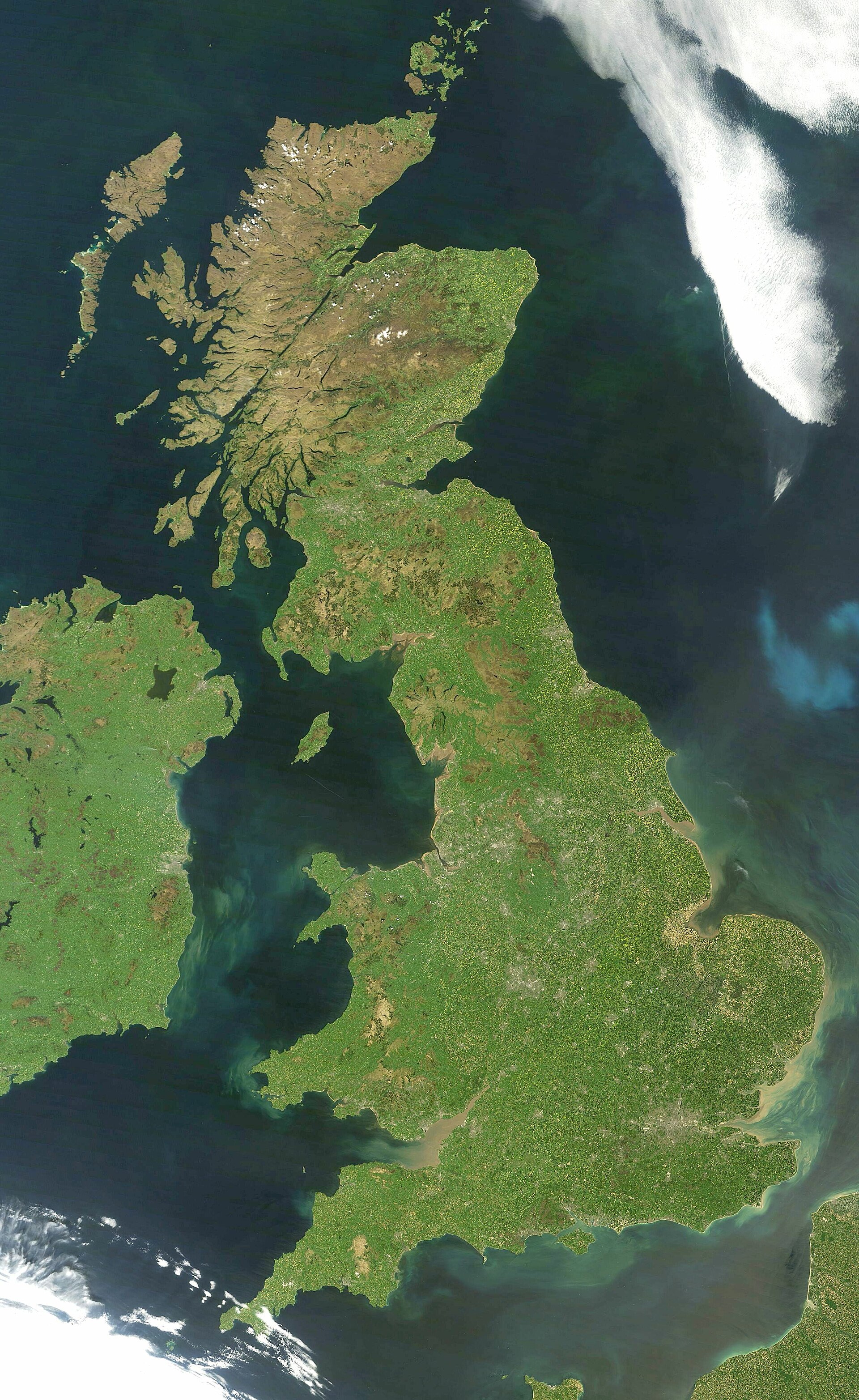 A satellite view of the United Kingdom, an island nation off the northwest coast of Europe, made up of England, Scotland, and Wales on Great Britain, together with Northern Ireland.