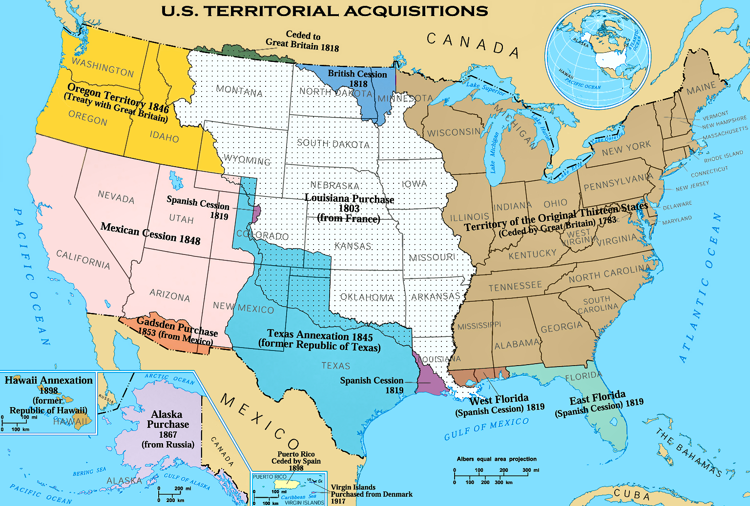 The westward expansion of the United States through the nineteenth century. Bought, won, and annexed in stages, the new territory carried the nation to the Pacific and displaced the Native peoples who lived there.