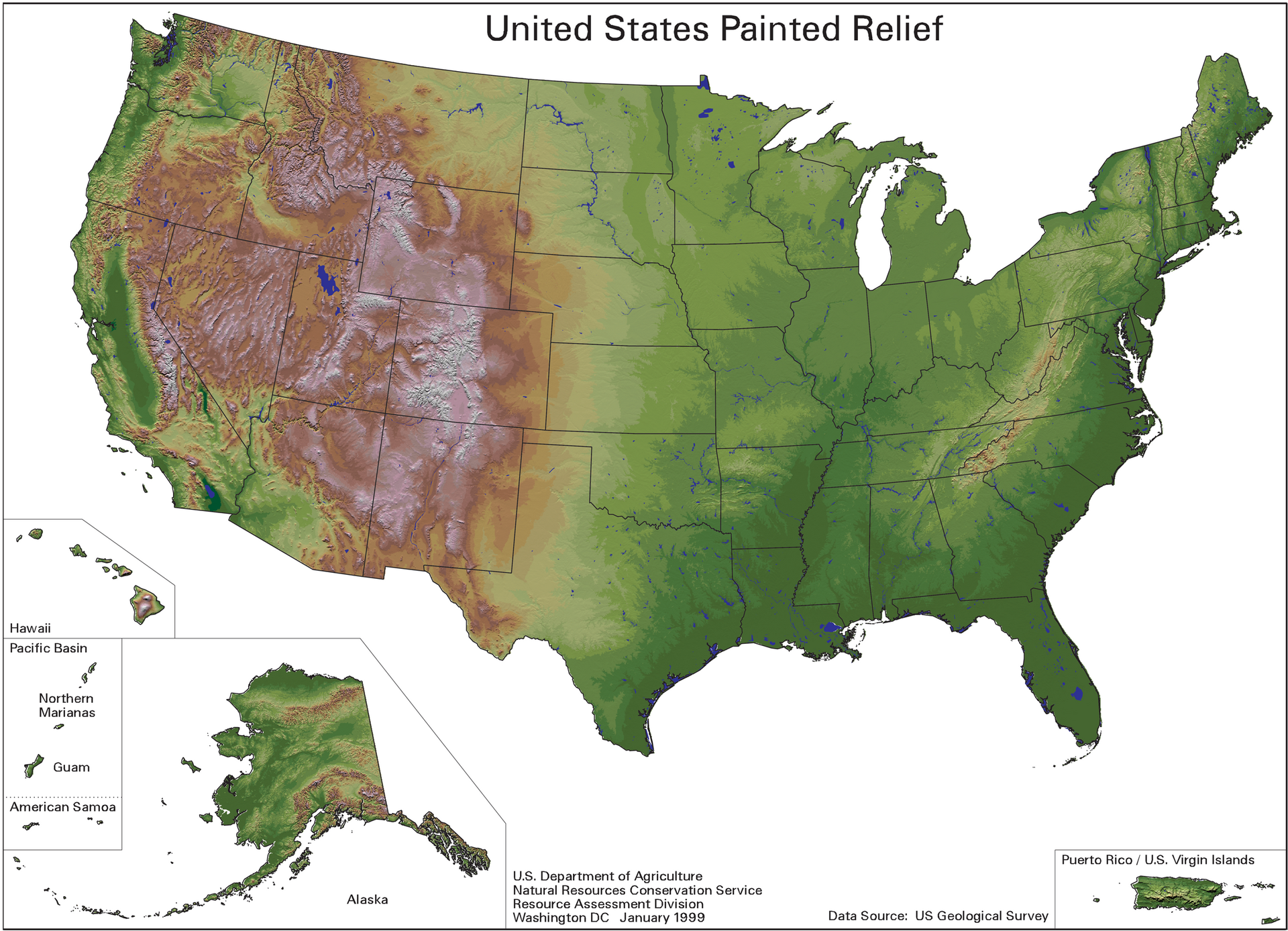 A topographic map of the United States. From the Appalachians and Atlantic coast in the east, across the great interior plains, to the Rocky Mountains and the Pacific, the country spans an entire continent.