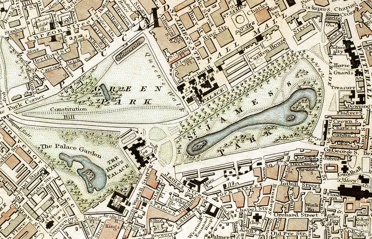 Royal parks in London, shown in 1833. Several major urban parks began as royal hunting grounds and were opened to the public rather than created for it.