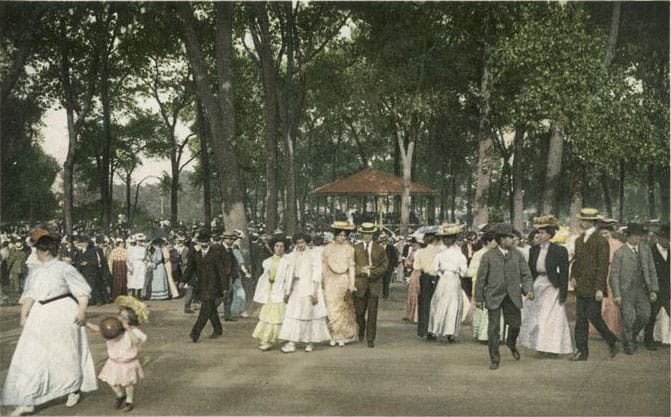 A concert in a city park. Parks function as venues for collective activity as well as for solitary recreation, which is part of their civic role.