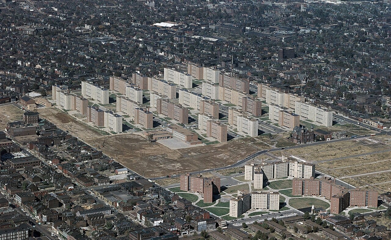 The Pruitt-Igoe housing project in St Louis, completed in 1956 and demolished from 1972. Its destruction became the standard image of the failure of modernist public housing.