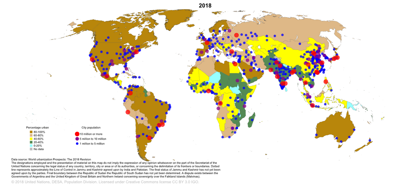 The urban share of population over time. The line crosses half around 2007, and the change from a largely rural species to a largely urban one took roughly two centuries.