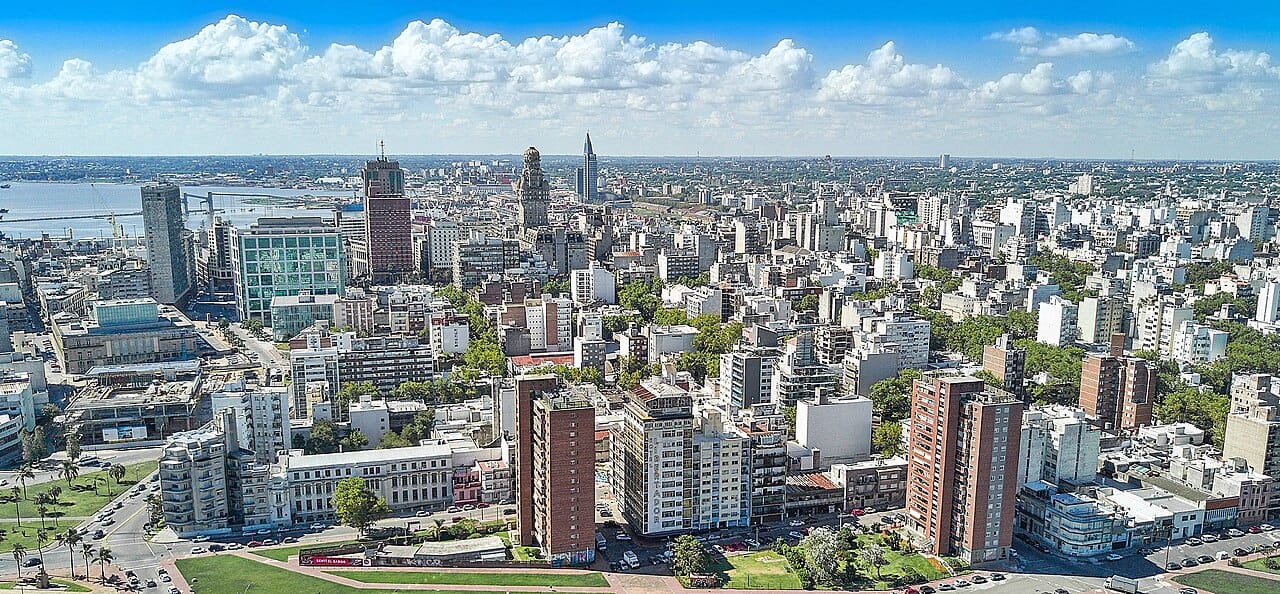 Montevideo on the Río de la Plata. Around half of all Uruguayans live in the capital and its surroundings, making the country one of the most urbanised and most concentrated on Earth.