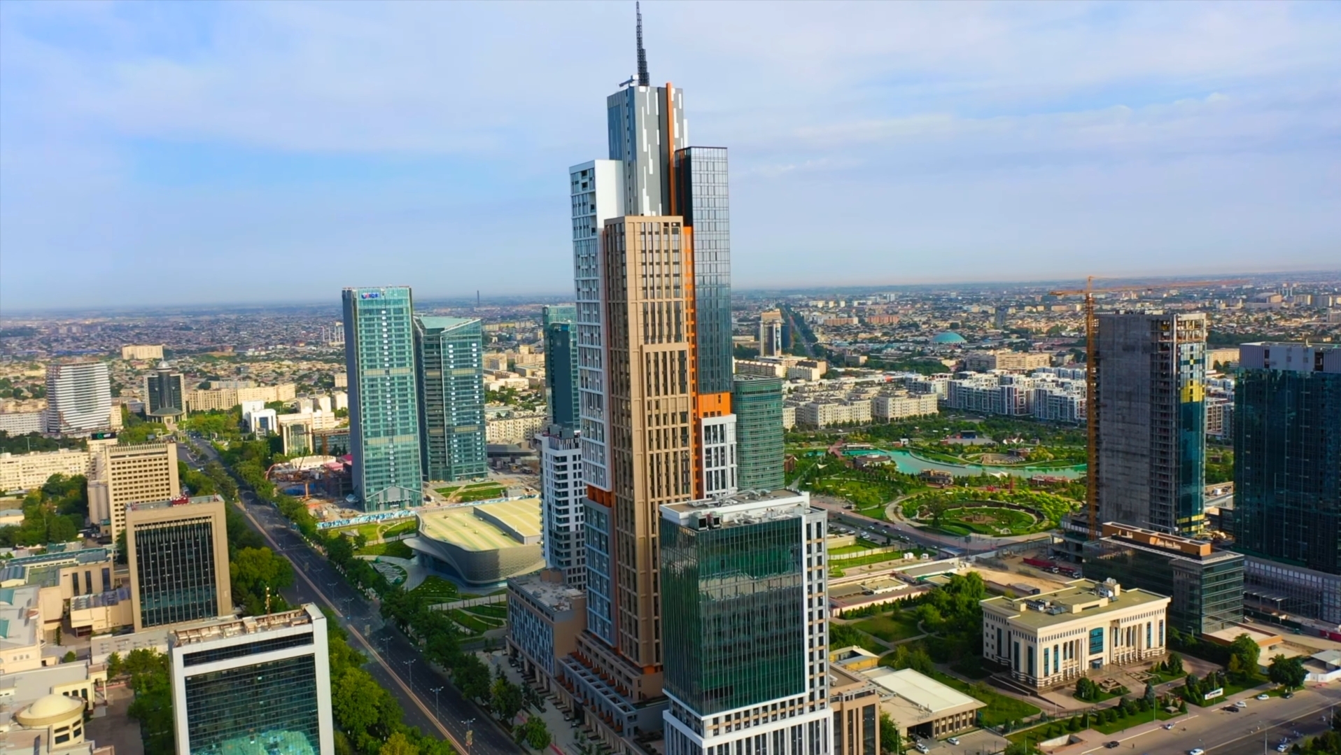 Modern towers rising in Tashkent, the capital and largest city in Central Asia. Rebuilt after a major earthquake in 1966, the city is the country's political and economic centre and a hub of its recent opening.