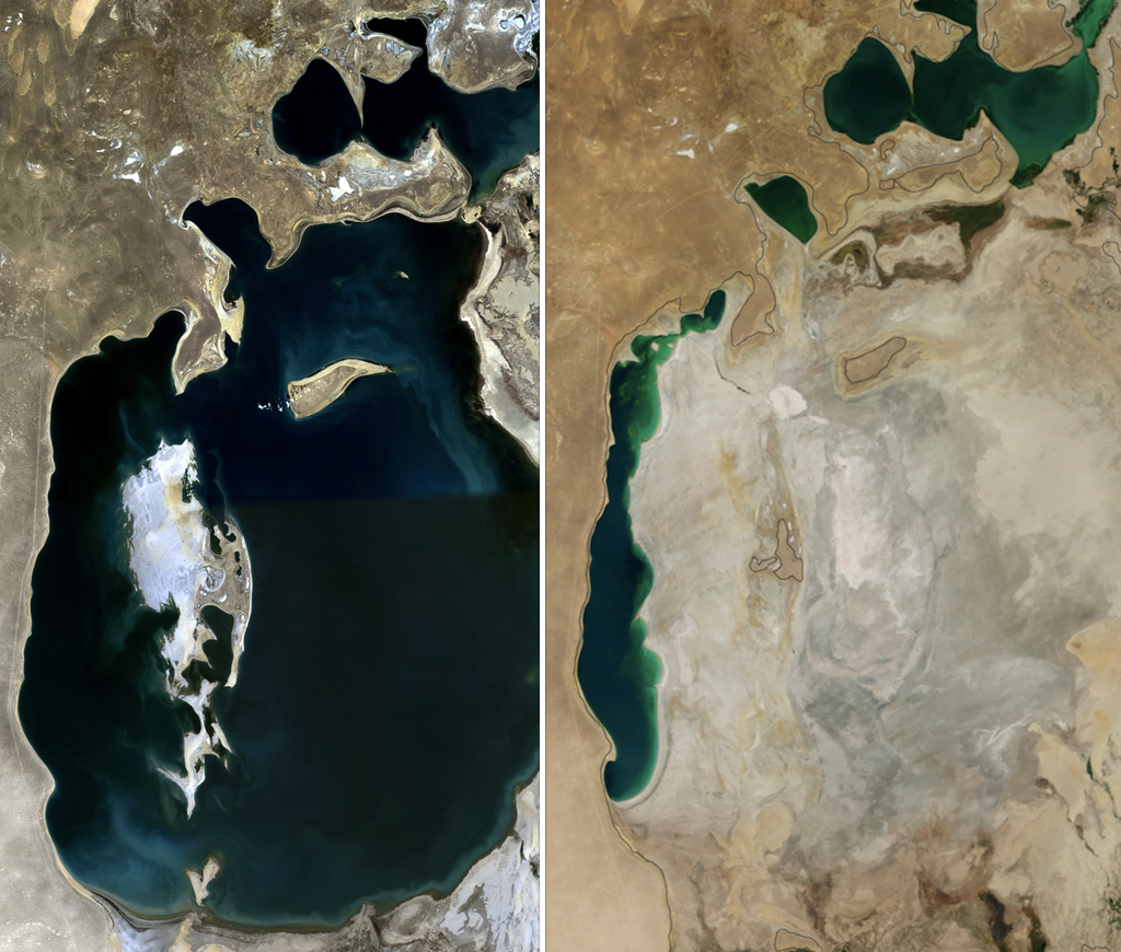 A comparison of the Aral Sea in 1989 and 2014, showing its dramatic shrinking. Drained to irrigate cotton, the once vast lake all but disappeared in one of the worst environmental disasters of modern times.