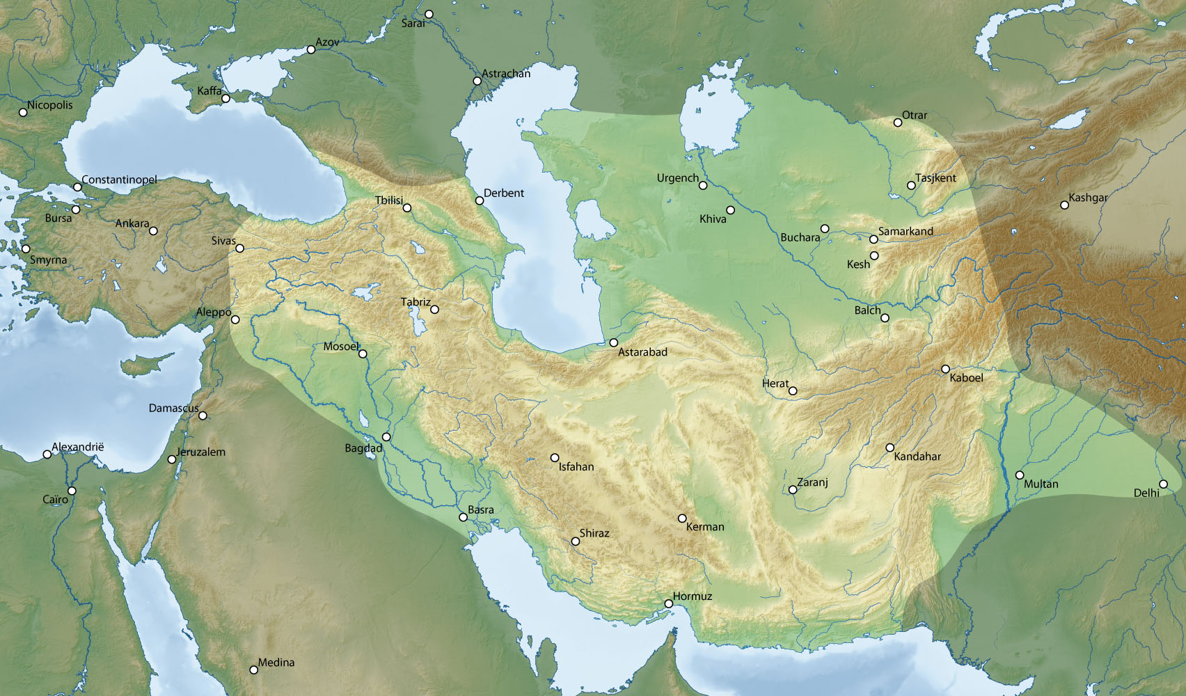 The empire of Timur, the fourteenth-century conqueror who made Samarkand his glittering capital. Credit: Stuntelaar (CC BY-SA 3.0).