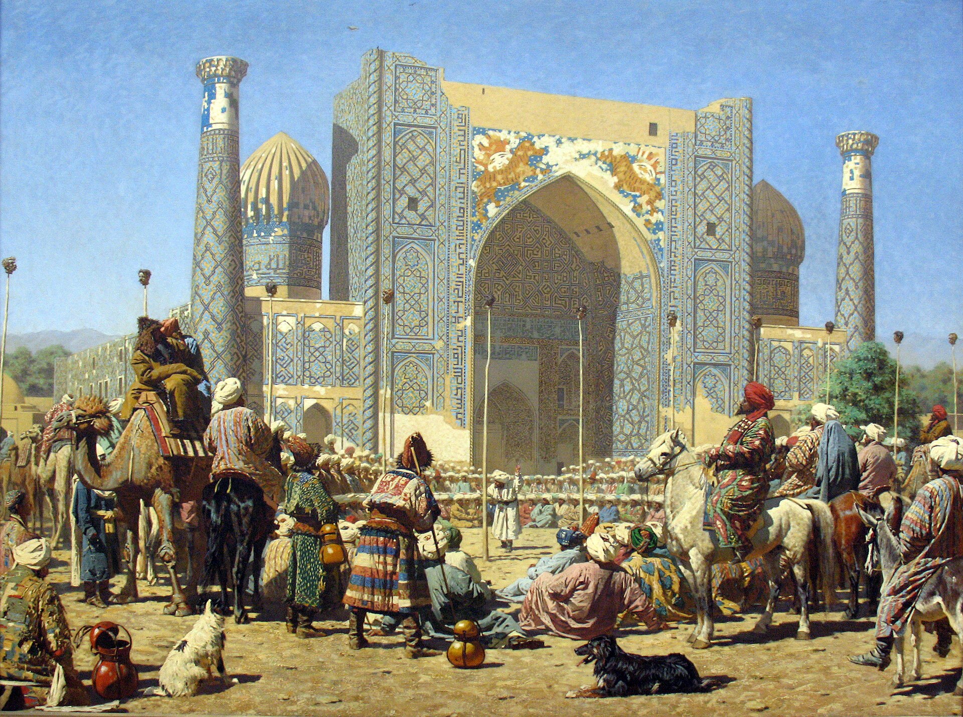 The Registan in Samarkand, a magnificent ensemble of Islamic colleges at the heart of the Silk Road city. Credit: Vasily Vereshchagin (Public domain).