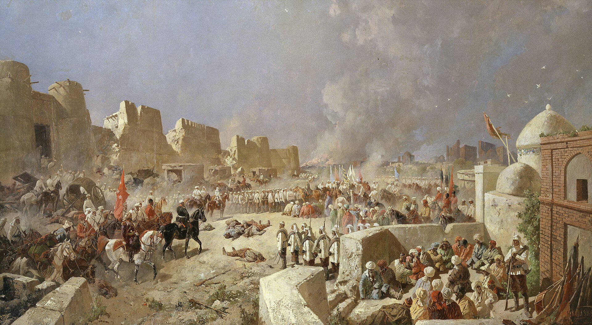 Russian forces taking Samarkand in 1868, as the Russian Empire absorbed Central Asia. Credit: Nikolay Karazin (Public domain).