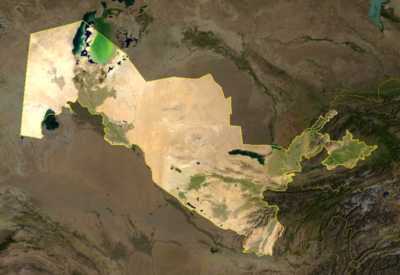 A satellite view of Uzbekistan, showing the deserts of the west and centre and the fertile, populous valleys of the east. Almost all life in the country depends on the water of its two great rivers.