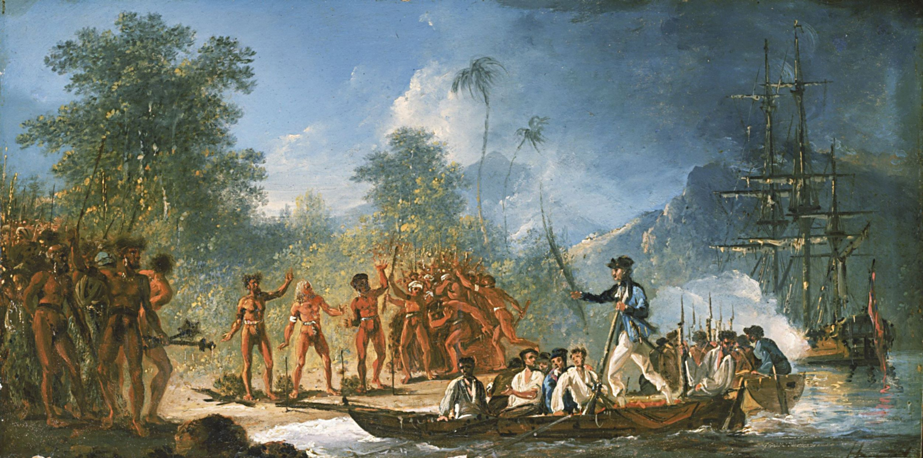 Captain James Cook landing on the island of Tanna in the 1770s, during his exploration of the islands he named the New Hebrides. Credit: William Hodges (Public domain).
