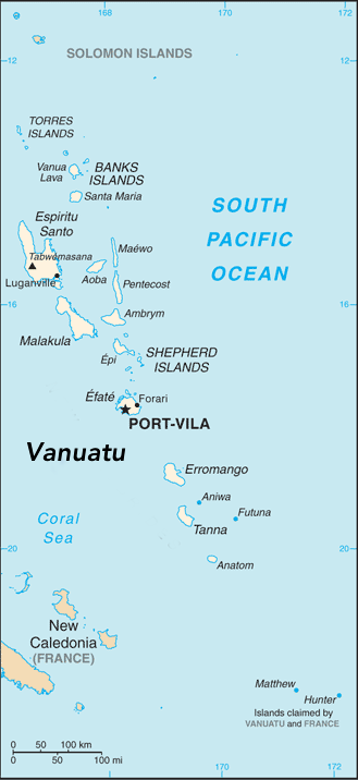 A map of Vanuatu, showing its Y-shaped chain of some eighty islands strung across the South Pacific east of Australia. The layout of the archipelago is echoed in the shape of the national flag.