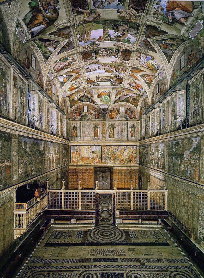 The Sistine Chapel, where Michelangelo painted the ceiling between 1508 and 1512 and the Last Judgment a quarter of a century later. It is also the room in which conclaves elect popes.