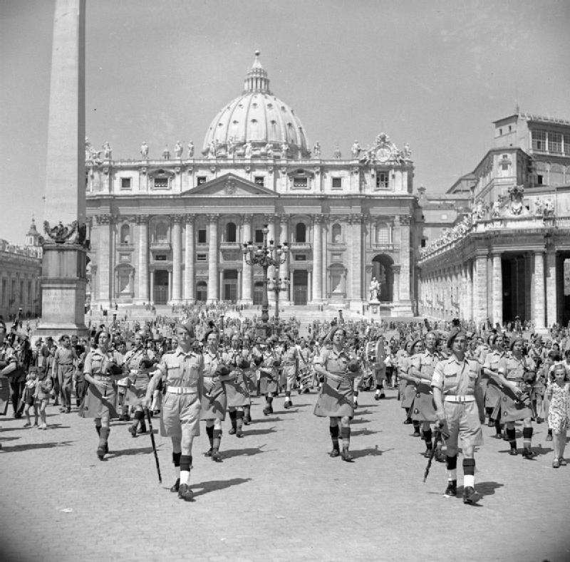 Allied troops in Italy in 1944. The Vatican maintained formal neutrality through the war, and the conduct of Pius the Twelfth during the Holocaust remains among the genuinely unsettled arguments of twentieth-century history.