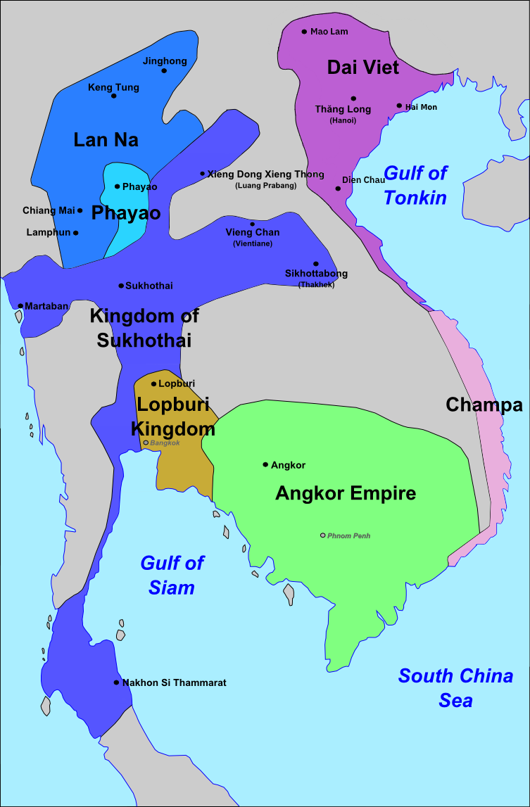 Dai Viet and its neighbours, including Champa and the Angkor Empire, around the 13th century, before Vietnam expanded south to the Mekong.
