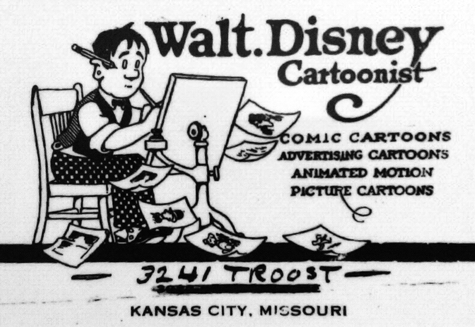 Disney's early business envelope, featuring a self-portrait, around 1921.