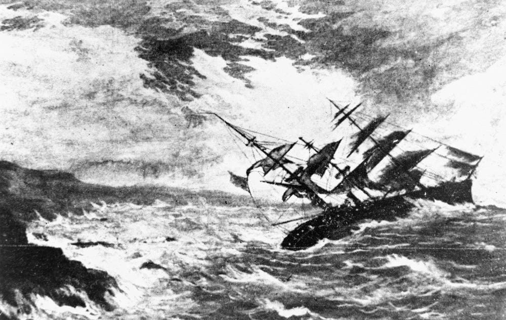 The wreck of the Royal Charter in 1859. The loss prompted the first systematic storm warning service, which is the origin of public forecasting.