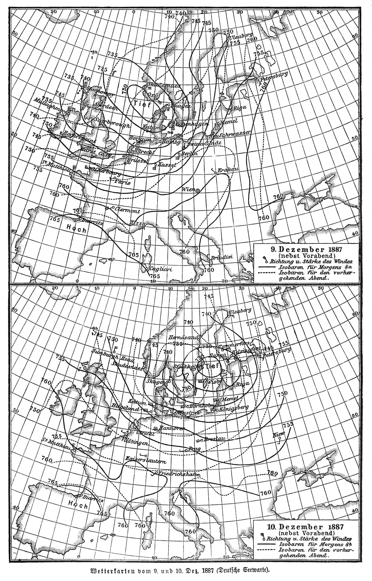 A nineteenth century synoptic weather map. Plotting simultaneous observations across a region revealed pressure systems and fronts, which made pattern-based forecasting possible.