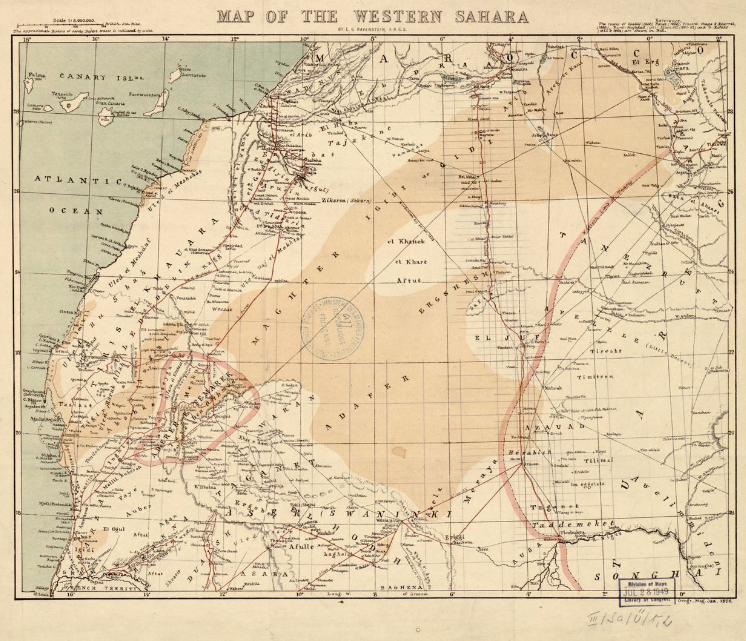 An early map of the Western Sahara region, long inhabited by nomadic Sahrawi tribes before Spanish colonisation. Credit: Ernest George Ravenstein (1834-1913) (Public domain).