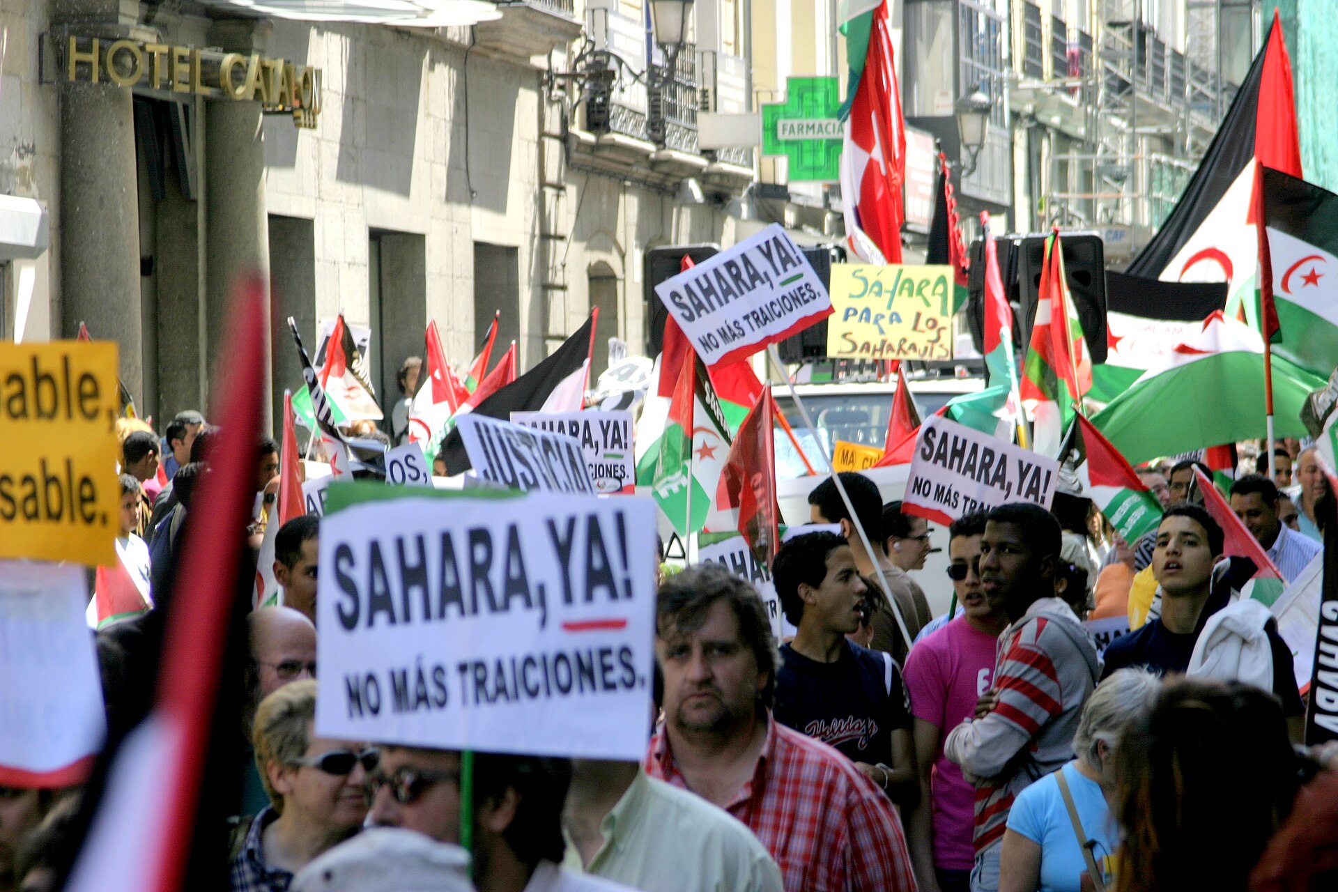 A demonstration in Madrid for Western Saharan independence. Spain transferred the administration of its colony to Morocco and Mauritania in 1975 without completing decolonisation, and the United Nations still lists the territory as non-self-governing with no administering power.