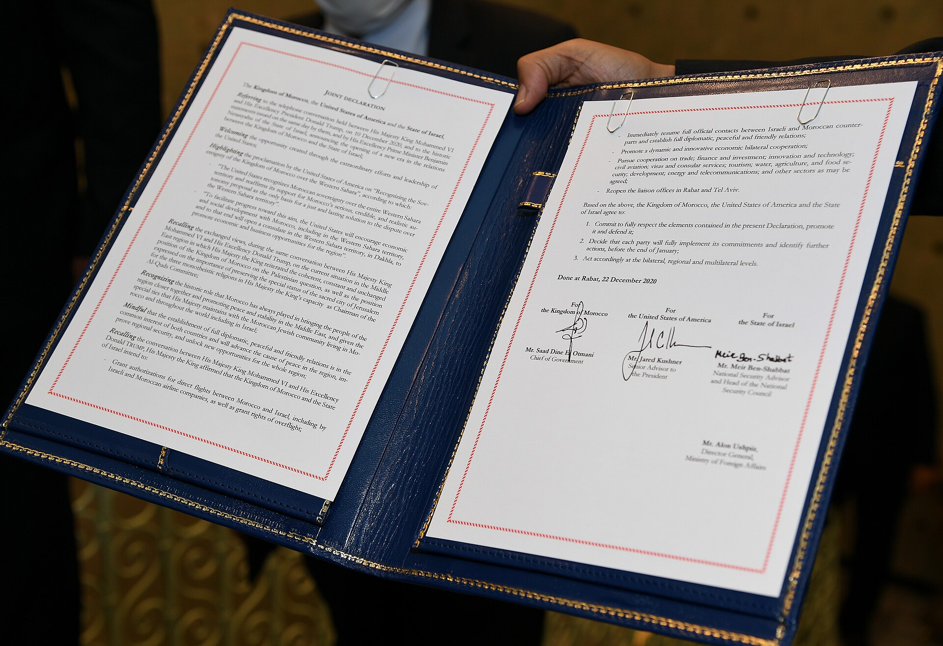 A diplomatic visit to Morocco in December 2020. The United States recognised Moroccan sovereignty over Western Sahara as part of the agreement under which Morocco normalised relations with Israel, the first major power to take that step.