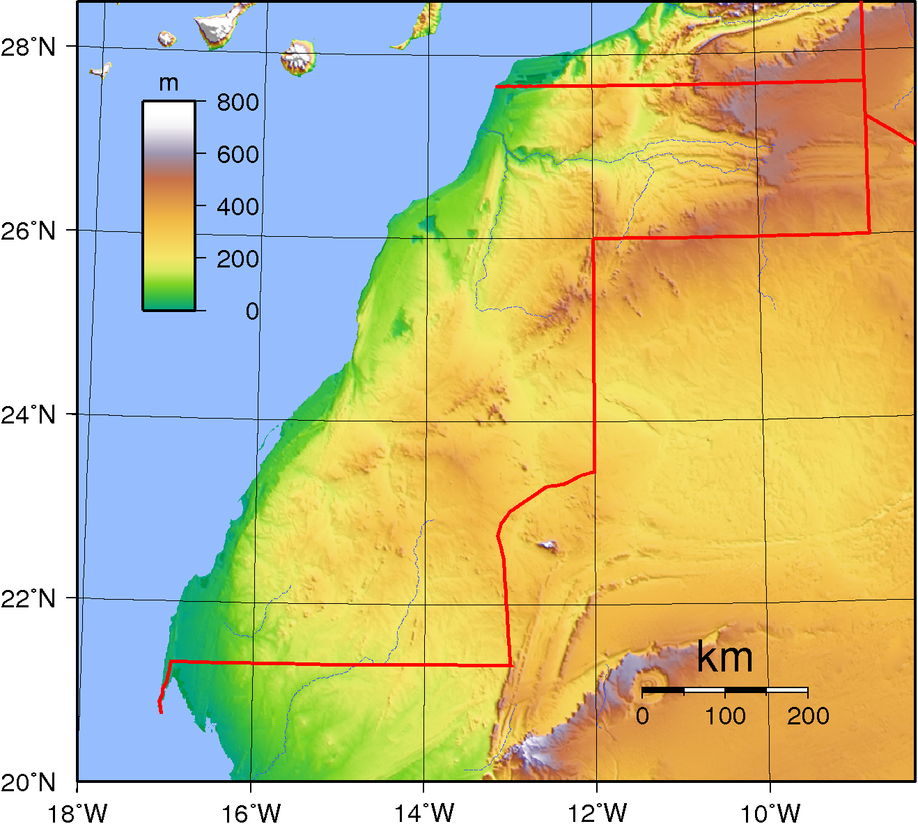 A topographic map of Western Sahara. Some 266,000 square kilometres of flat stony plain and dune field, with no permanent river, bounded by one of the world's richest fishing grounds along the Atlantic coast.