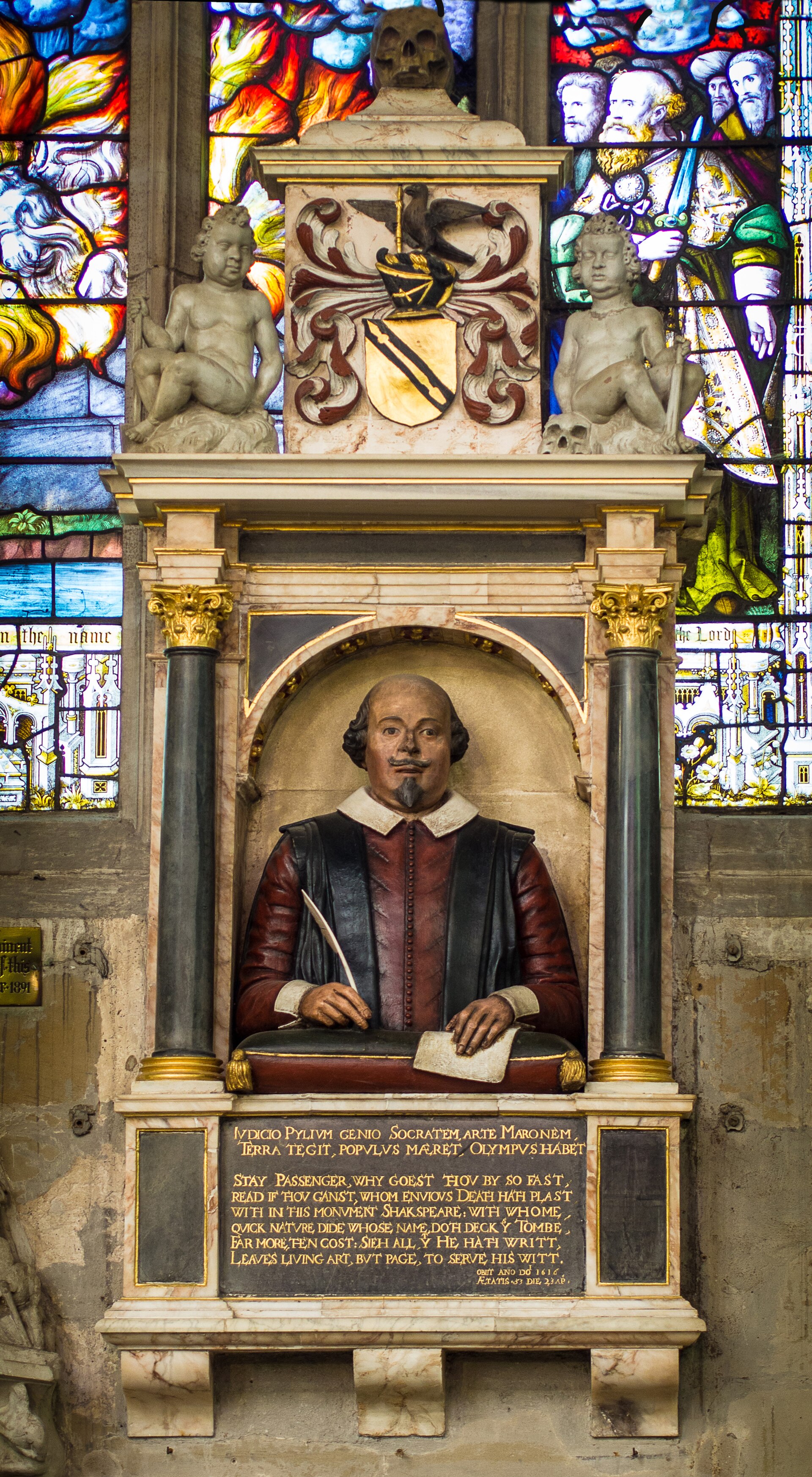 Shakespeare's funerary monument in Stratford-upon-Avon, his birthplace and final home.