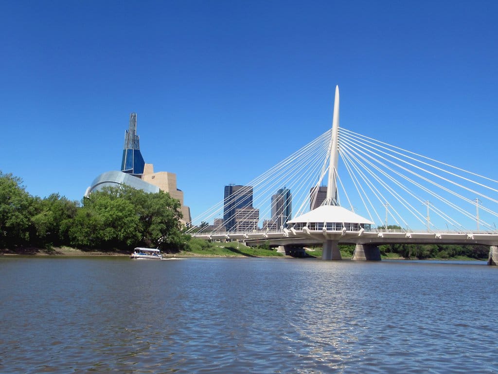 The Esplanade Riel footbridge, opened in 2003, linking downtown to Saint Boniface across the Red River.