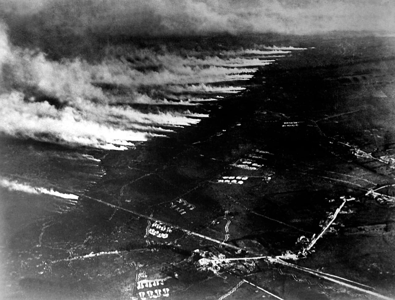 A poison gas attack drifts over the trenches. Chemical weapons were one of the war's most feared and infamous new horrors.