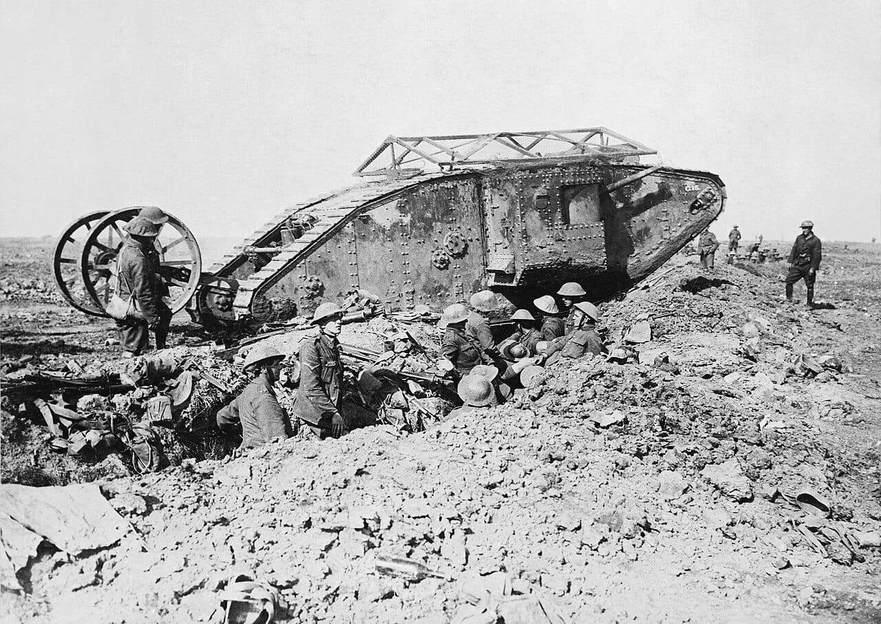 An early British Mark I tank, a new weapon devised to break the deadlock of the trenches.