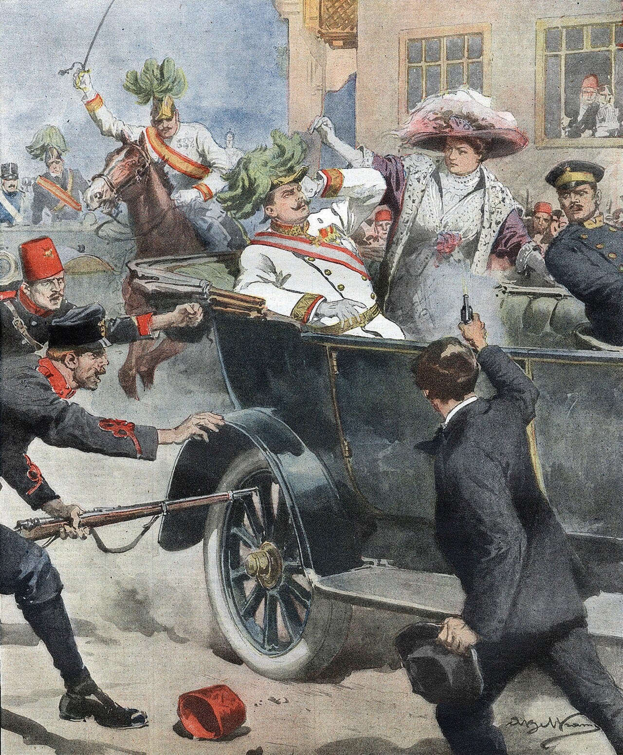 A depiction of the assassination of Archduke Franz Ferdinand at Sarajevo in 1914, the spark that ignited the war.