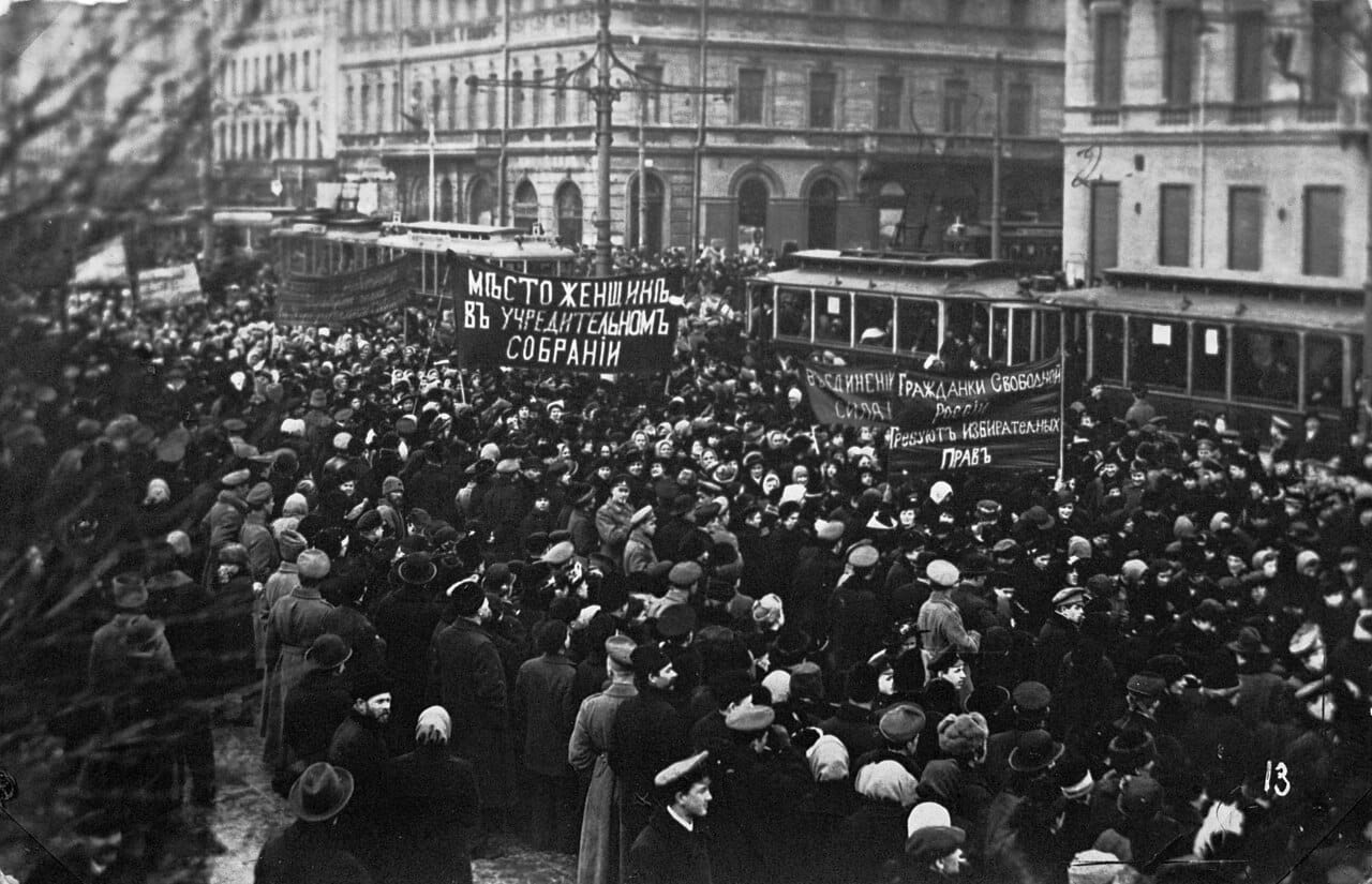 Crowds in the streets during the Russian Revolution of 1917, which pulled a shattered Russia out of the war.