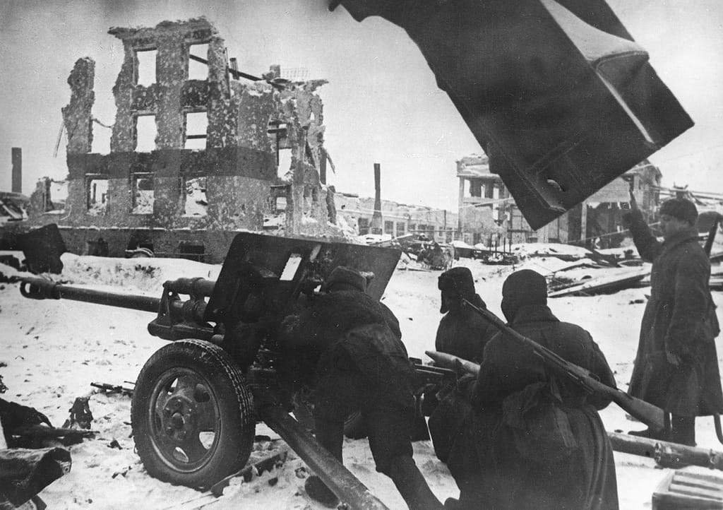 Soviet troops in the ruins of Stalingrad. The battle there, one of the bloodiest in history, marked the turning point of the war on the Eastern Front.