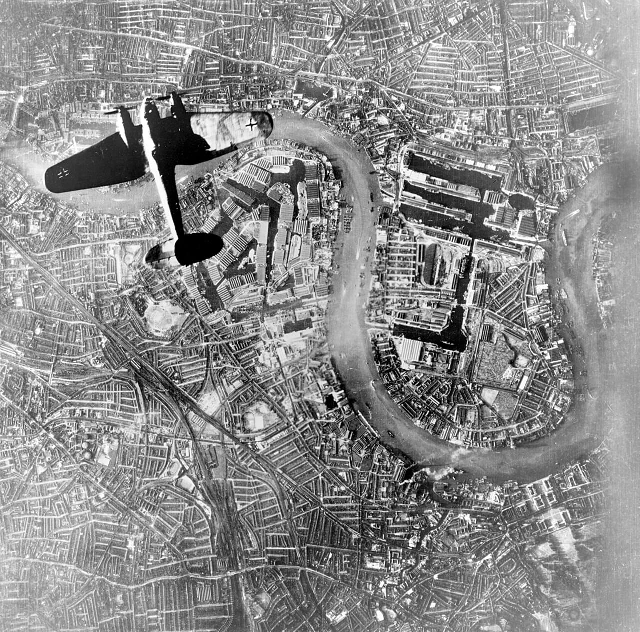 A German bomber over London during the Blitz. The mass bombing of cities made civilians targets on a scale never seen before.