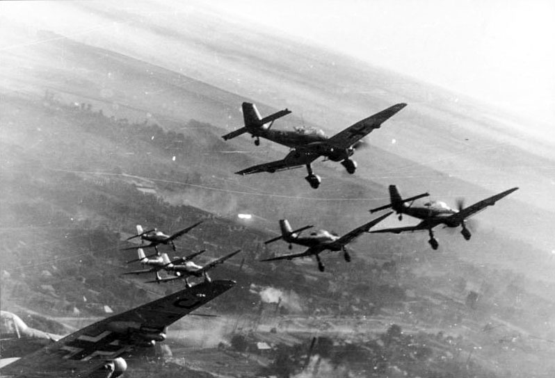 German Junkers Ju 87 "Stuka" dive bombers, symbols of the Blitzkrieg that overwhelmed Europe in the war's opening years.