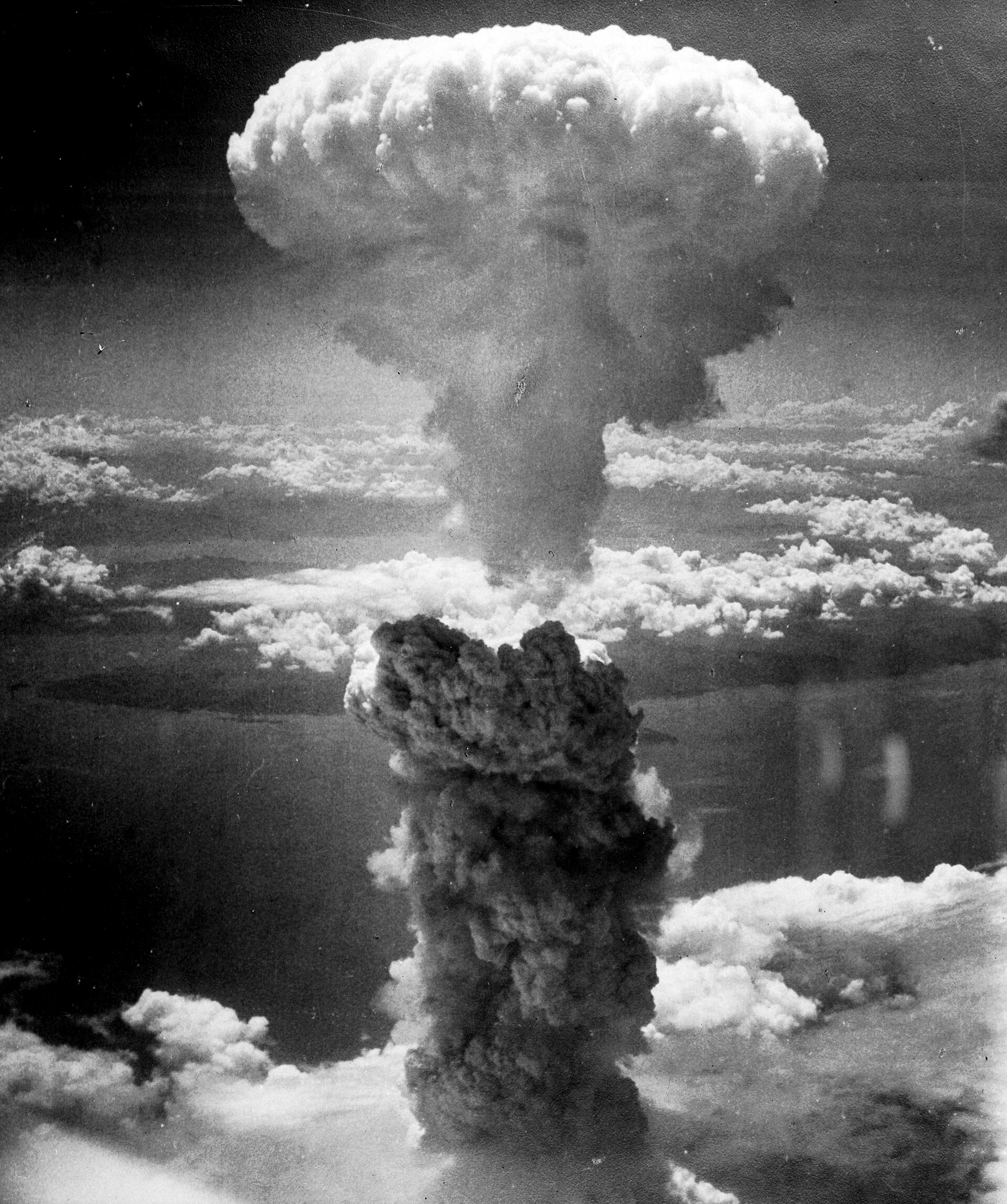 The atomic bomb's mushroom cloud over Nagasaki, August 1945.