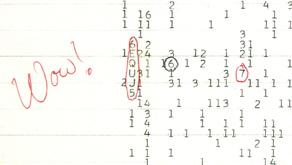 The original printout, with the handwritten "Wow!" that named the signal.