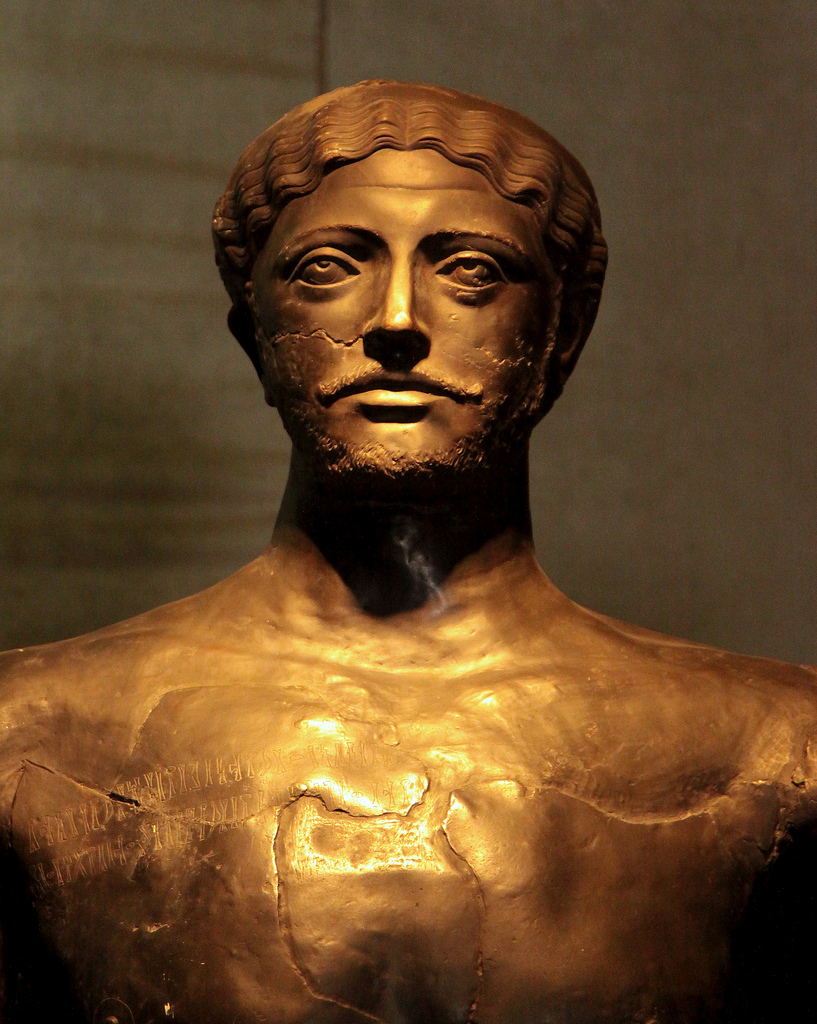A bronze statue of Dhamar Ali Yahbur, a king of the Himyarite kingdom that ruled much of Yemen in the early centuries AD. It is a rare surviving portrait of a ruler from the age before Islam.